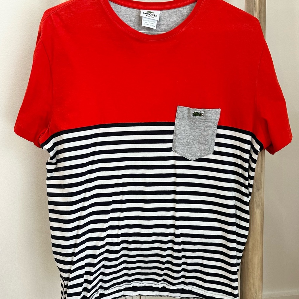 Lacoste Red and Black Striped Short Sleeve Tee